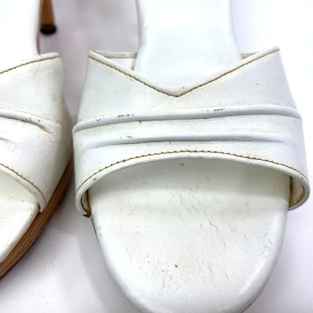 Vintage Made In Japan White Slip-On Heel Shoes 8.5 Open Toe Wood Lounge Resort
